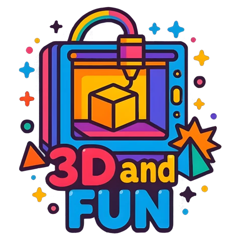 3dandfun logo: a 3D printer with a rainbow handle